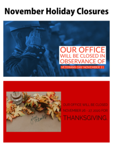 Cover photo for November 2020 Holiday Closures