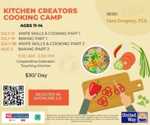 Flyer with animated hands chopping vegetables on a cutting board and information about the Kitchen Creators Summer Camp.