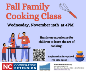 Cover photo for Fall Cooking Class for Kids at Wren Memorial Library