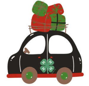 A 4-H car with packages on top. Going to camp with Christmas presents.