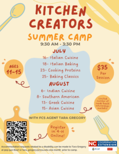 Flyer with camp information, QR code, logos, and spoon and fork decoration