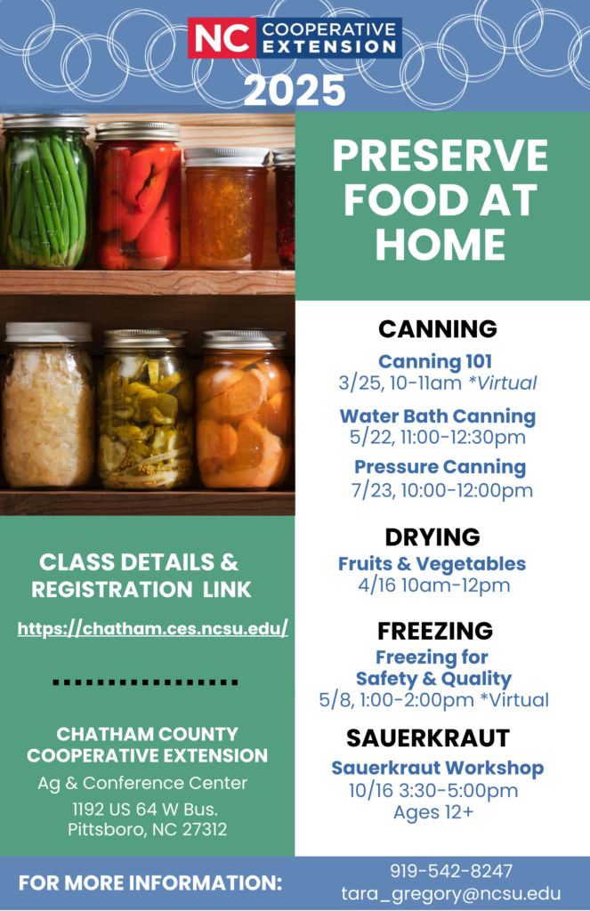 flyer with image of home canned foods with list of upcoming webinars and workshops