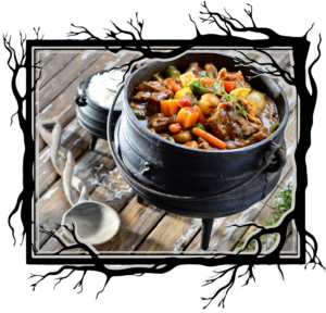 Vegetable stew in cast iron pot.